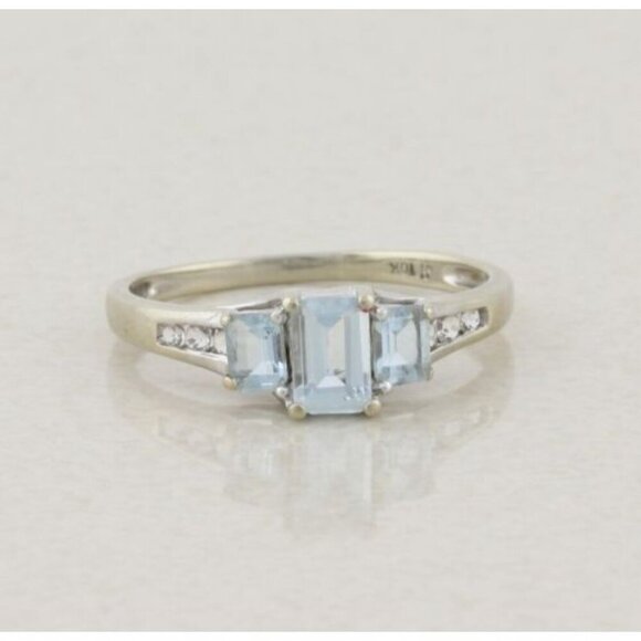 Unbranded Jewelry - 10k White Gold Natural Aquamarine and White Topaz Ring Size 8 1/2